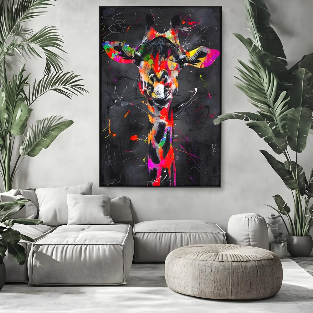 Tablou canvas cu tablou canvas cu girafa multicolor, in rama de aluminiu negru, pe perete intr-un living